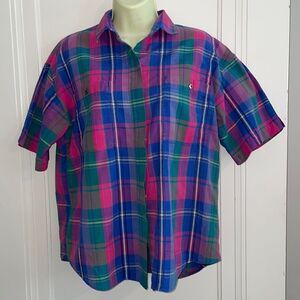 Vtg 80s/90s Hunt Club pink, purple, green/blue plaid cotton short sleeve shirt